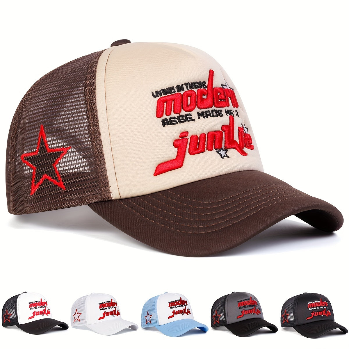 Modern Junkie 1 Men's Five-Panel Baseball Cap - Adjustable, Breathable, Lightweight Polyester - Casual Beige, Brown, White, Blue Star Design Trucker Hat for Summer, Spring, Fall Outdoor Activities & Beach Vacations Modern Junkie 1 Men's Five-Panel Baseball Cap - Adjustable, Breathable, Lightweight Polyester - Casual Beige, Brown, White, Blue Star Design Trucker Hat for Summer, Spring, Fall Outdoor Activities & Beach Vacations